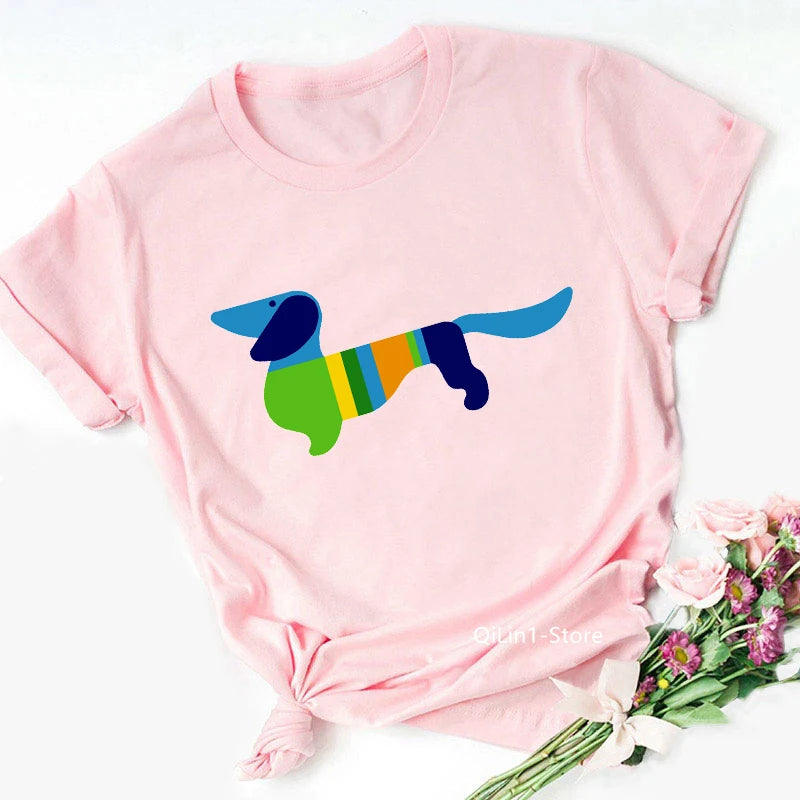Pink Dachshund Mom Graphic T Shirts Women Summer Vintage Tshirt Dog Lover Tees Girls Casual T-Shirt Short Sleeve Tops Streetwear