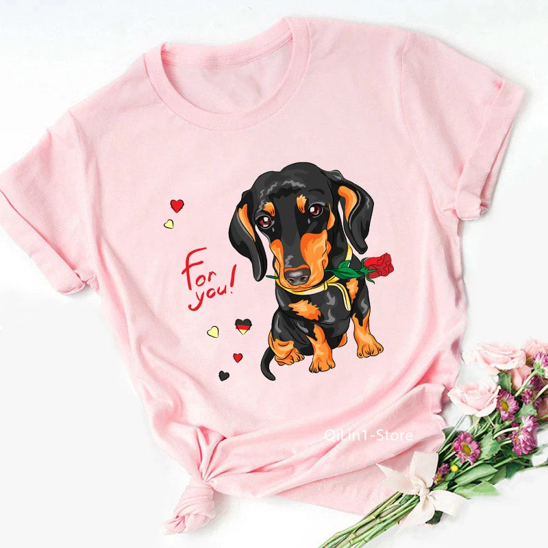 Pink Dachshund Mom Graphic T Shirts Women Summer Vintage Tshirt Dog Lover Tees Girls Casual T-Shirt Short Sleeve Tops Streetwear