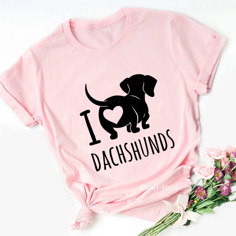 Pink Dachshund Mom Graphic T Shirts Women Summer Vintage Tshirt Dog Lover Tees Girls Casual T-Shirt Short Sleeve Tops Streetwear
