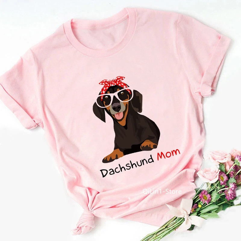 Pink Dachshund Mom Graphic T Shirts Women Summer Vintage Tshirt Dog Lover Tees Girls Casual T-Shirt Short Sleeve Tops Streetwear