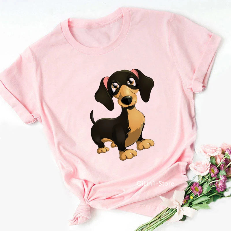 Pink Dachshund Mom Graphic T Shirts Women Summer Vintage Tshirt Dog Lover Tees Girls Casual T-Shirt Short Sleeve Tops Streetwear