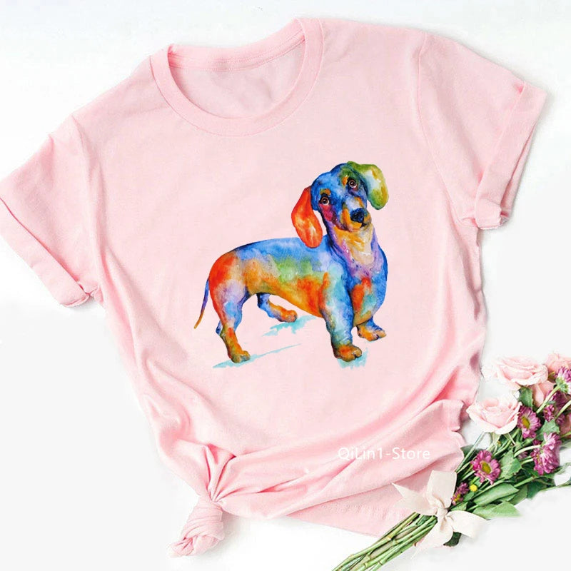 Pink Dachshund Mom Graphic T Shirts Women Summer Vintage Tshirt Dog Lover Tees Girls Casual T-Shirt Short Sleeve Tops Streetwear