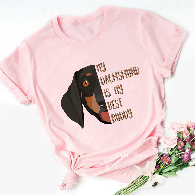 Pink Dachshund Mom Graphic T Shirts Women Summer Vintage Tshirt Dog Lover Tees Girls Casual T-Shirt Short Sleeve Tops Streetwear