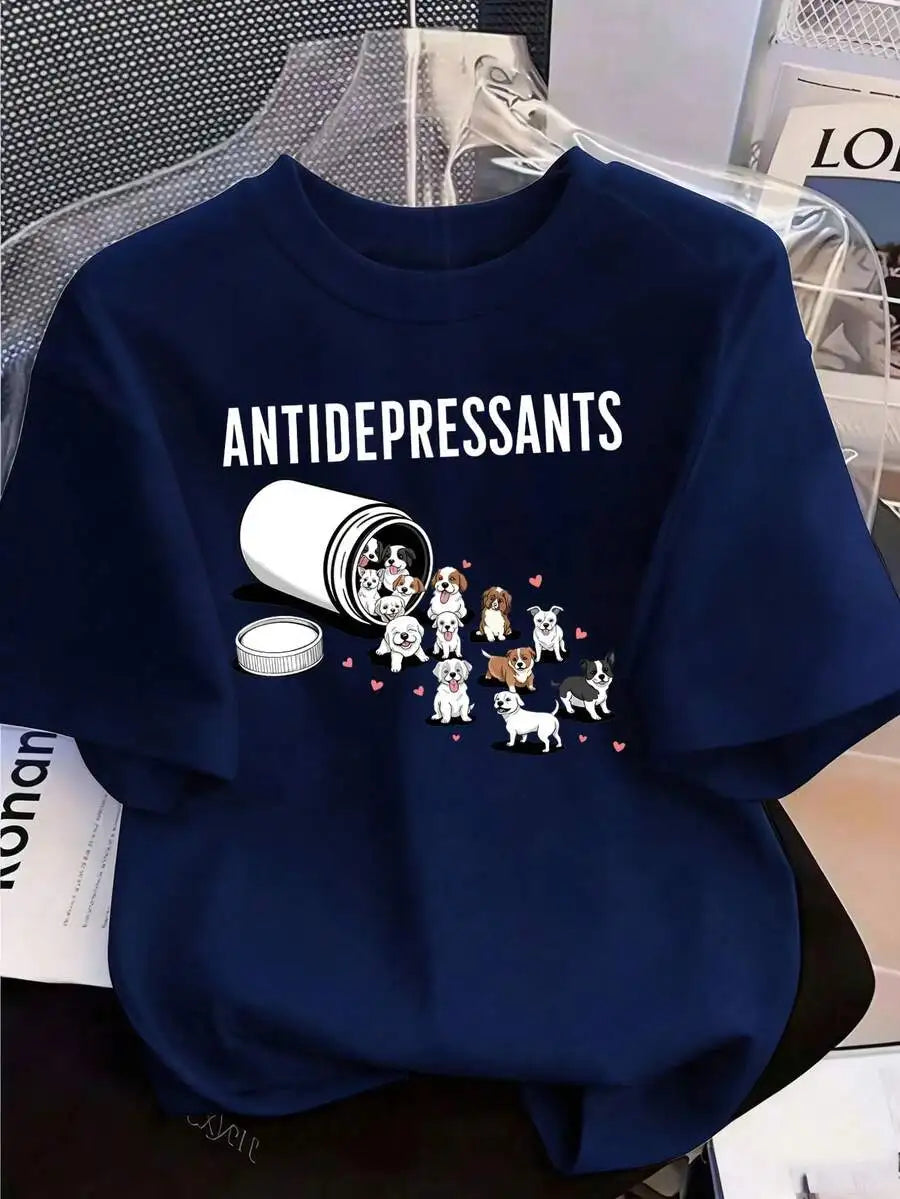 Women's "Antidepressants Puppies" Print Round Neck Short Sleeve T-Shirt Funny Dog Lover Graphic Tees Dog Mom Tops