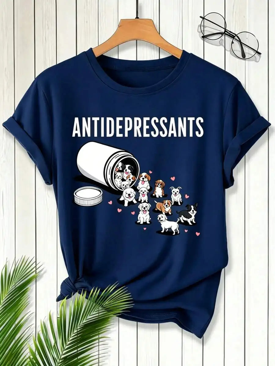 Women's "Antidepressants Puppies" Print Round Neck Short Sleeve T-Shirt Funny Dog Lover Graphic Tees Dog Mom Tops