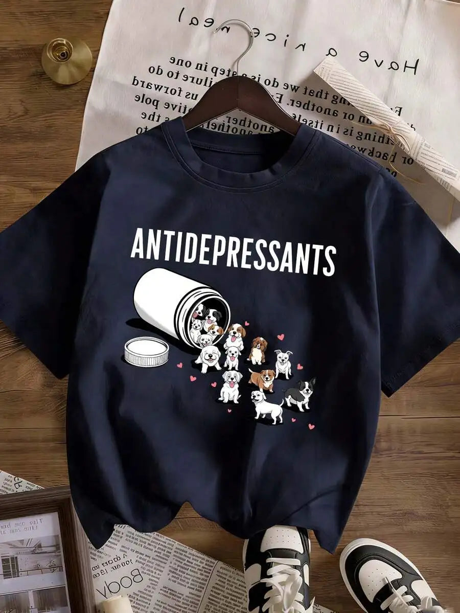 Women's "Antidepressants Puppies" Print Round Neck Short Sleeve T-Shirt Funny Dog Lover Graphic Tees Dog Mom Tops