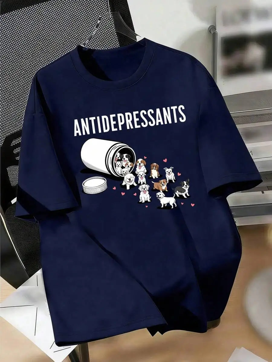 Women's "Antidepressants Puppies" Print Round Neck Short Sleeve T-Shirt Funny Dog Lover Graphic Tees Dog Mom Tops